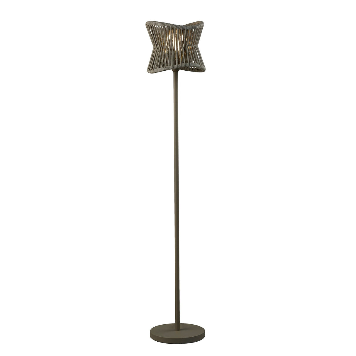 The Polinesia 1 Light Outdoor Floor Lamp - Beige features a modern design with a round base, tall slender pole, and a star-shaped wicker-style shade in an open crisscross pattern that beautifully diffuses light outdoors.