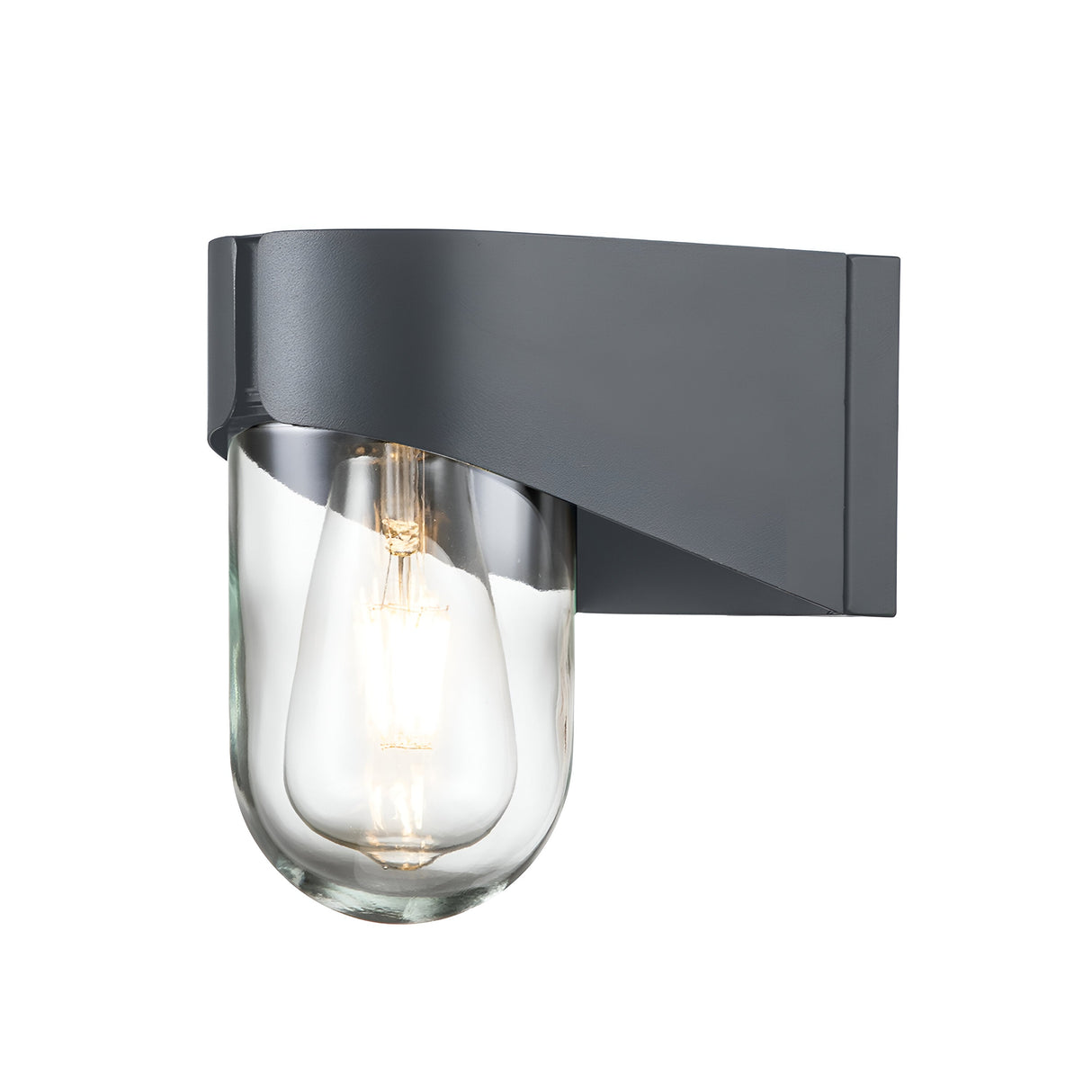 The Porto 1 Light Outdoor Wall Light in grey showcases a modern design with a sleek, angular stainless steel body encased in clear glass, revealing an exposed bulb. This outdoor fixture effortlessly merges contemporary and industrial styles, providing a clean and stylish lighting solution with subtle hints of nautical lantern aesthetics.