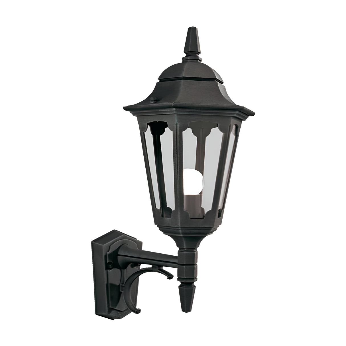 The Parish 1 Light Outdoor Up Wall Light in black features a vintage-style design with a decorative top and clear glass panels, boasting an IP44 rating for durability. This outdoor fixture is mounted on a bracket, providing both style and resilience in any weather.