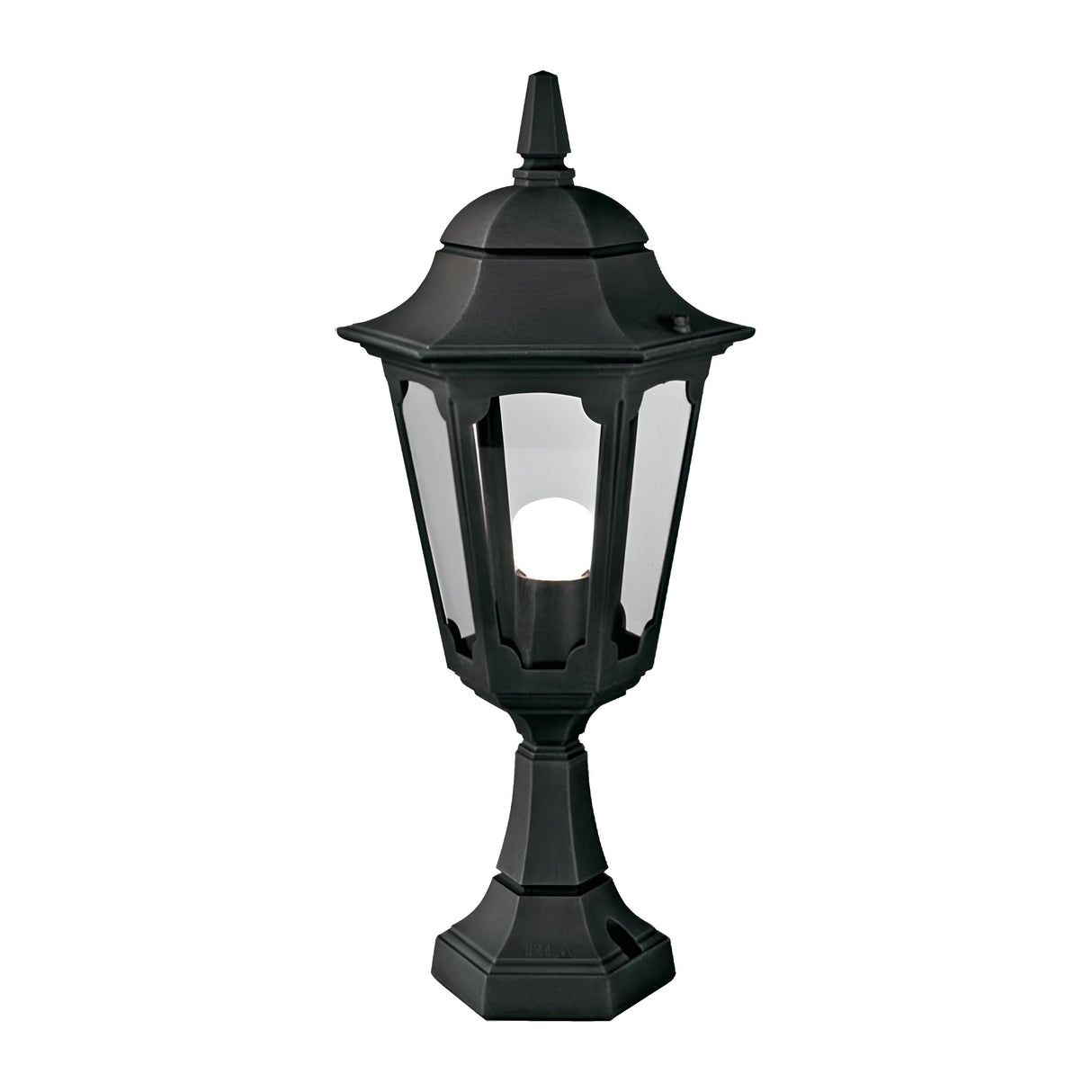 The Parish 1 Light Pedestal Light - Black is a classic outdoor fixture made from die-cast aluminium. It features a transparent glass casing that houses a bulb, complemented by a lantern-style design with a decorative top and sturdy base, making it ideal for external lighting.