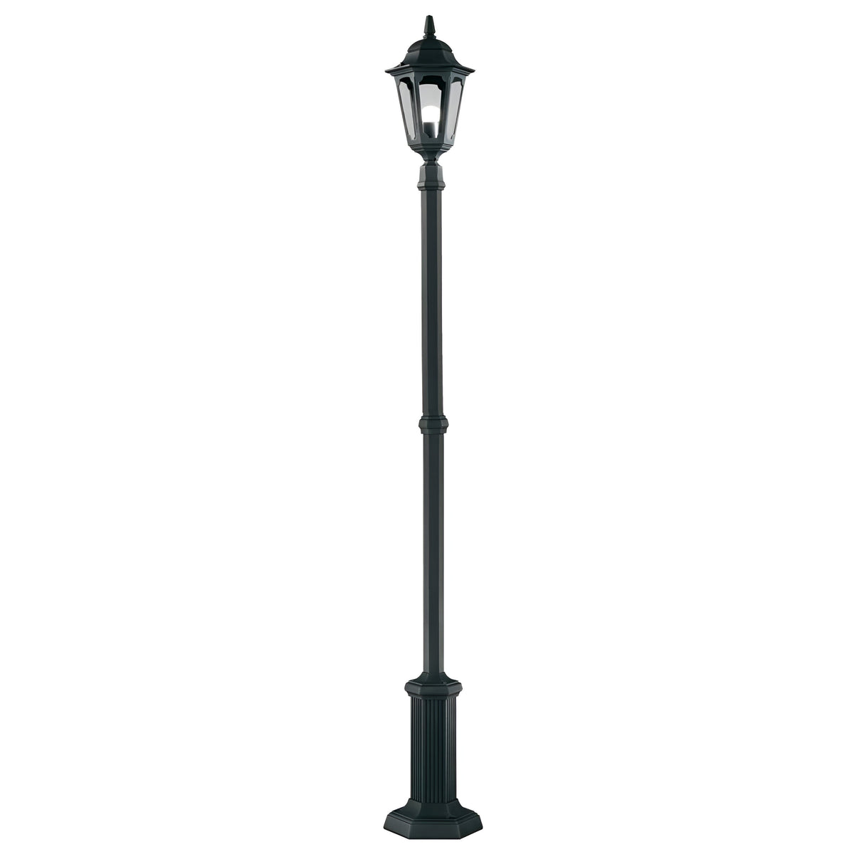 The Parish 1 Light Lamp Post in black is a tall, classic street lamp crafted from die-cast aluminium, featuring a hexagonal base and an ornate lantern top. Although it remains unlit, its vintage design beautifully enhances outdoor lighting in any space.
