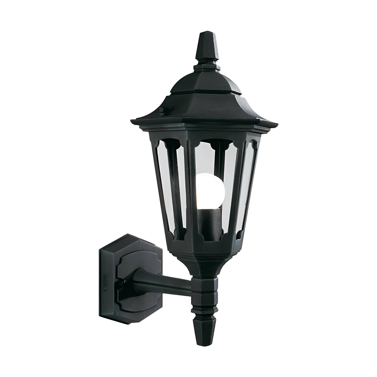 The Parish Mini 1 Light Outdoor Up Wall Light in black showcases a vintage design crafted from die-cast aluminum, featuring a hexagonal shape with decorative top and bottom finials. This lantern, with an IP44 rating, elegantly displays a visible light bulb inside and is mounted on a wall bracket.