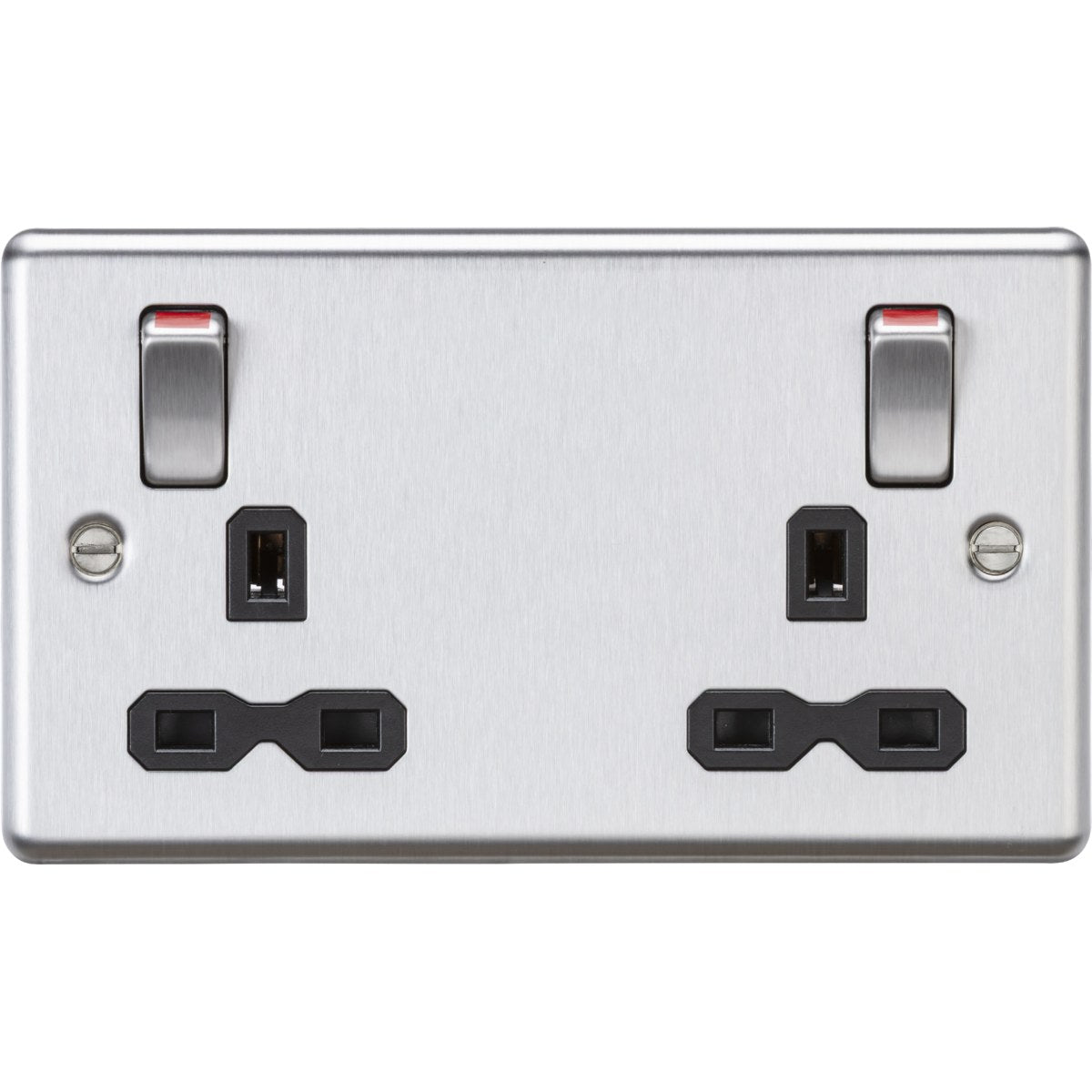 Stainless Steel 13A Double Socket DP Switched Metal Rockers - Brushed Chrome (Black Insert)