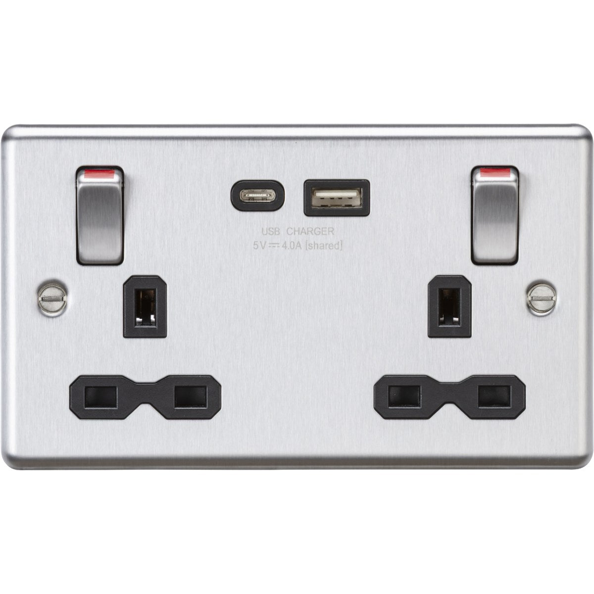 Stainless Steel 13A Double Socket with USB-A & USB-C Metal Rockers - Brushed Chrome (Black Insert)
