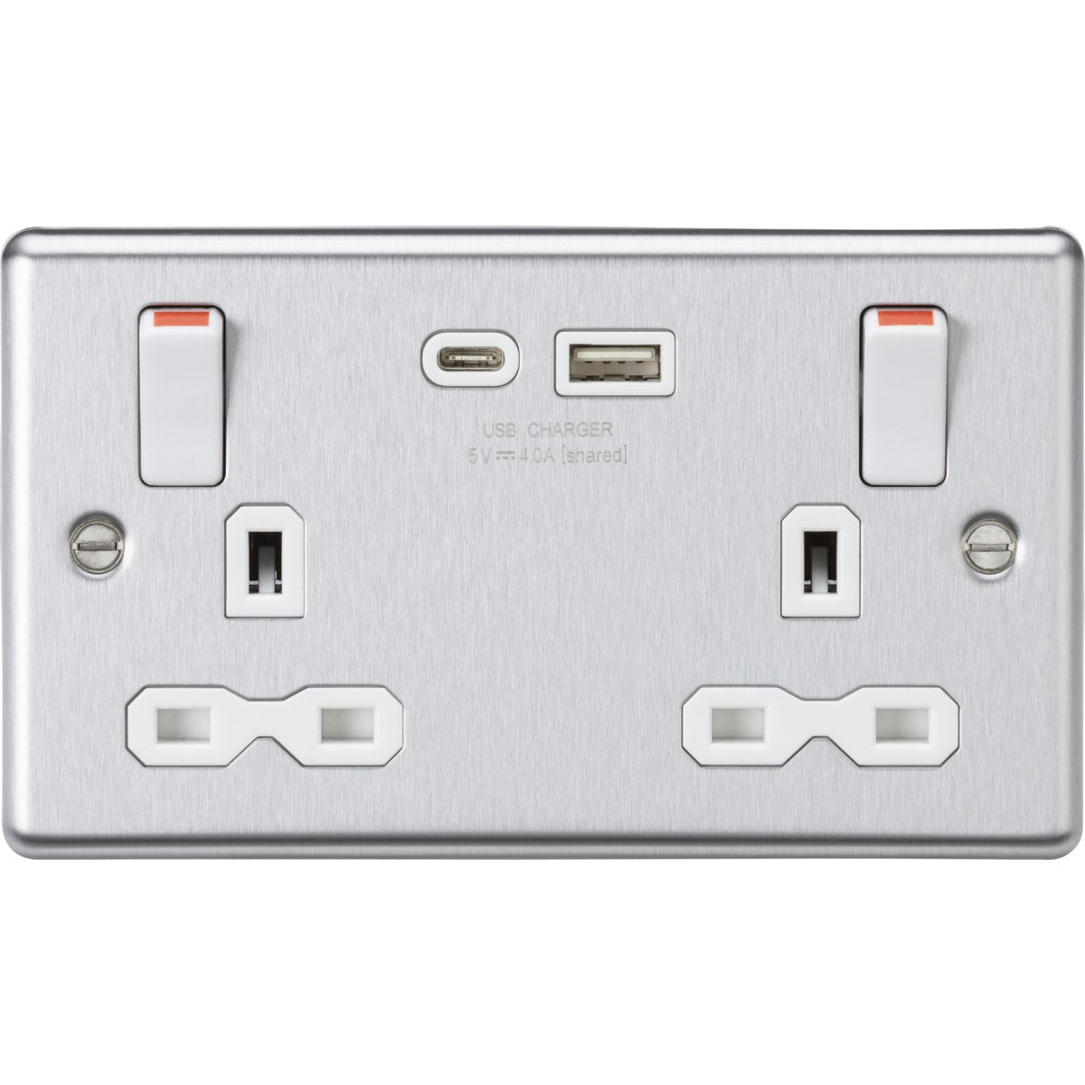 Stainless Steel 13A Double Socket with USB-A & USB-C - Brushed Chrome (White Insert)