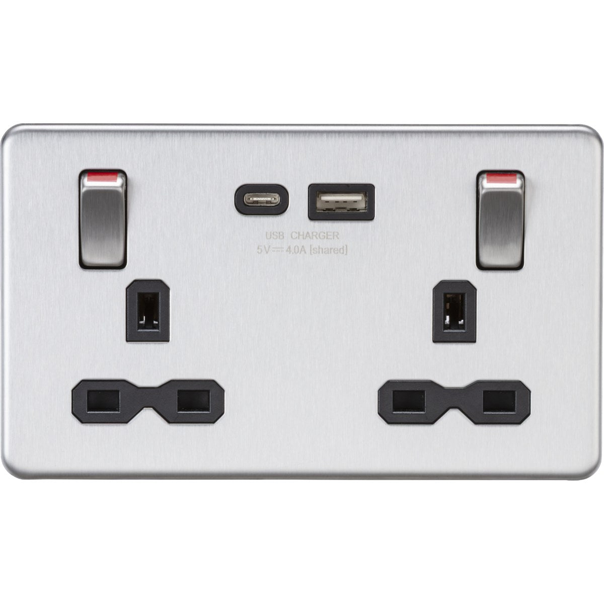 13A Double Socket with USB-A & USB-C - Brushed Chrome (Black Insert)