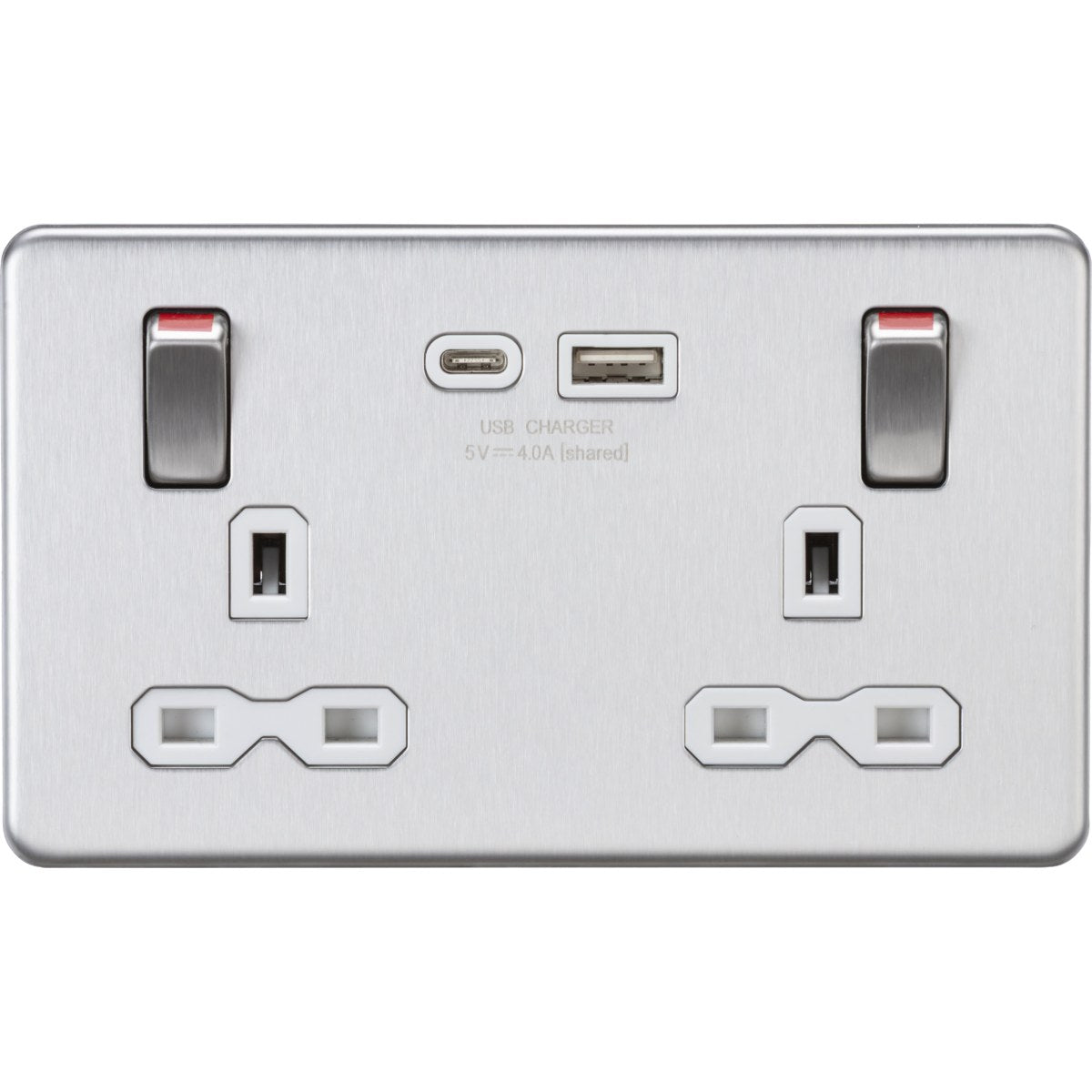 13A Double Socket with USB-A & USB-C - Brushed Chrome (White Insert)