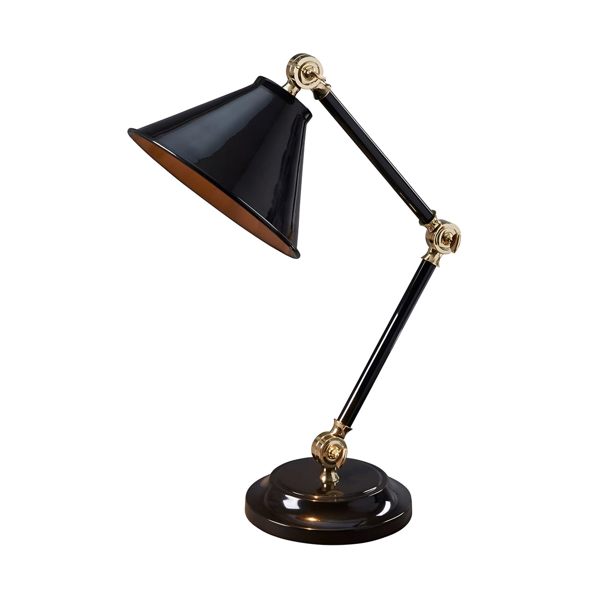 The Provence Element 1 Light Mini Table Lamp in black and polished brass features a cone-shaped shade with articulated arms, presenting a sleek design inspired by French aesthetics, set against a plain white background.