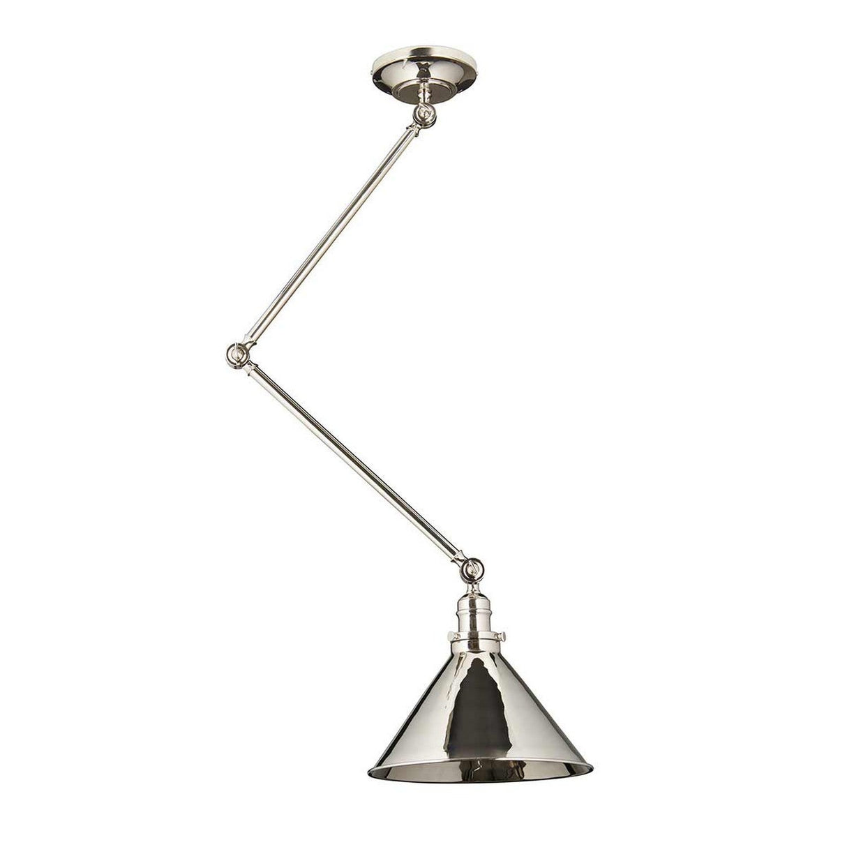 The Provence 1 Light Wall Light/Pendant in polished nickel features a sleek conical shade and an adjustable angled rod, making it an ideal shiny metallic lamp to enhance contemporary interiors.