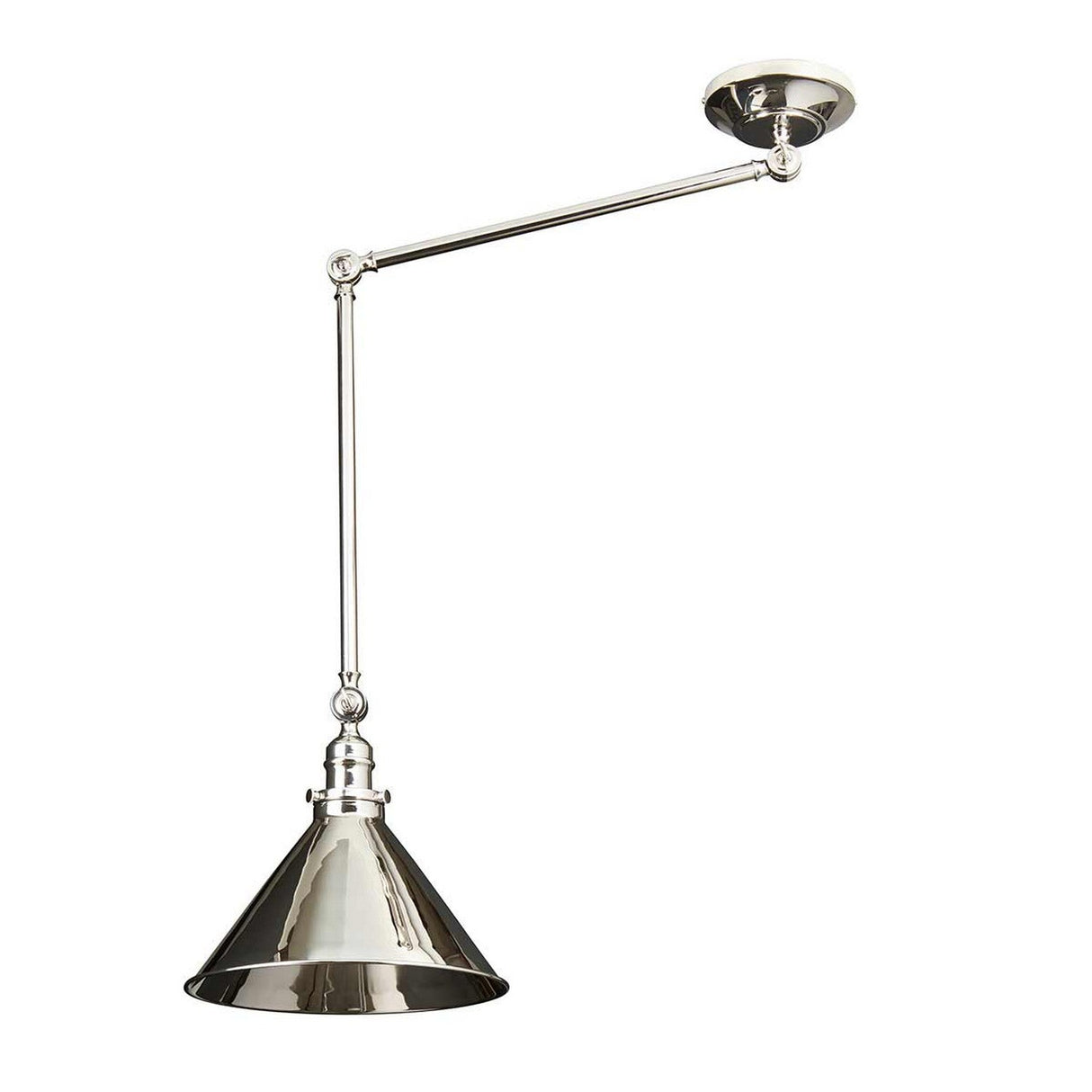 Introducing the Provence 1 Light Wall Light/Pendant in polished nickel, designed with a sleek, adjustable arm and a cone-shaped shade. Its modern aesthetic is complemented by a round ceiling mount, enhancing its sophisticated charm.