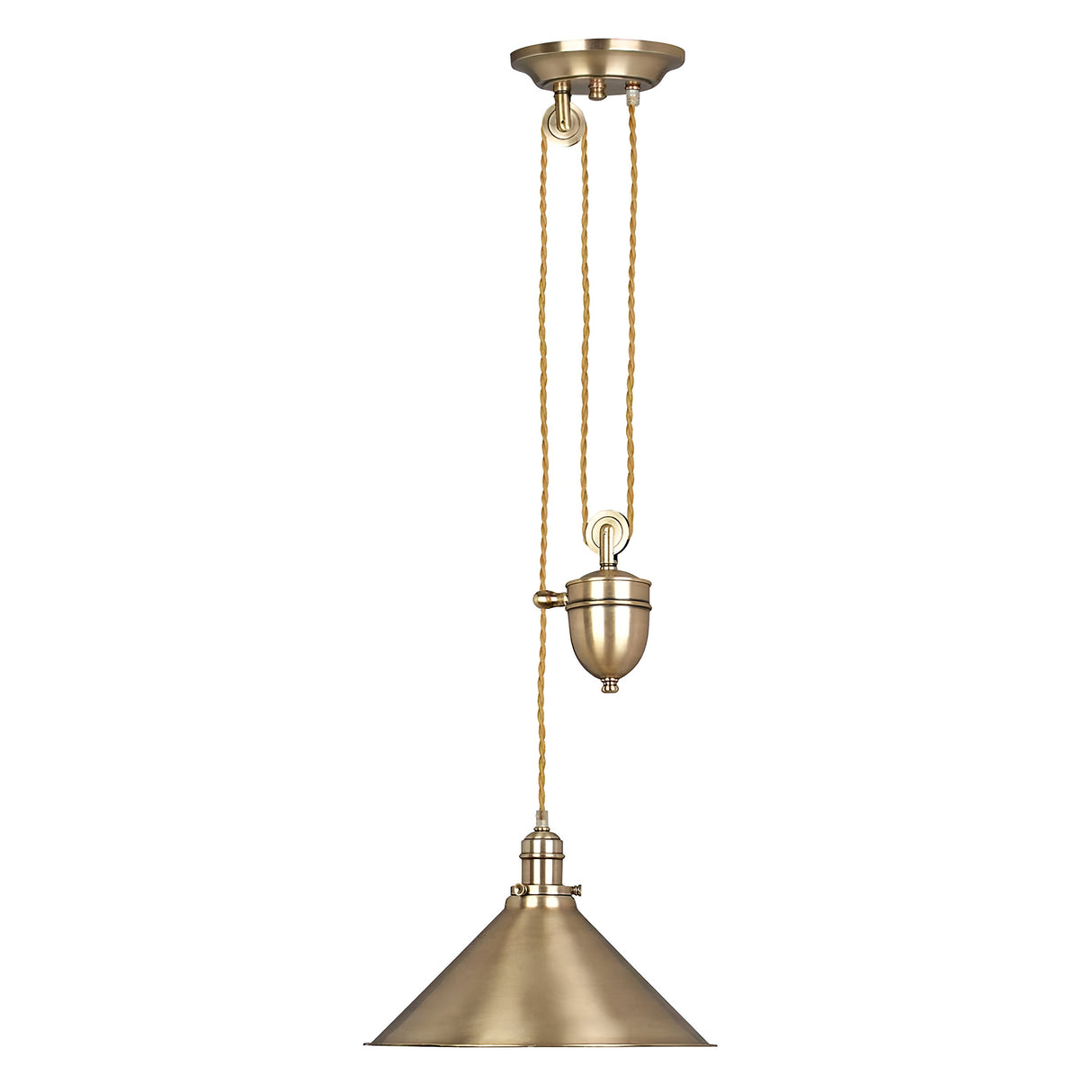 Provence 1 Light Rise & Fall Pendant in aged brass boasts a conical shade and vintage-inspired charm, complete with twisted fabric cords and an adjustable rise & fall mechanism for an elegant ceiling display.