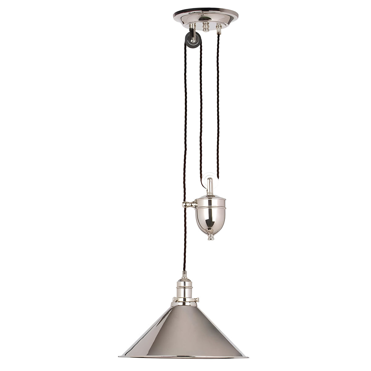 The Provence 1 Light Rise & Fall Pendant - Polished Nickel showcases a polished nickel finish and conical shade, complete with a vintage-style pulley system. This adjustable light fixture features a twisted black cord that connects it to the ceiling.