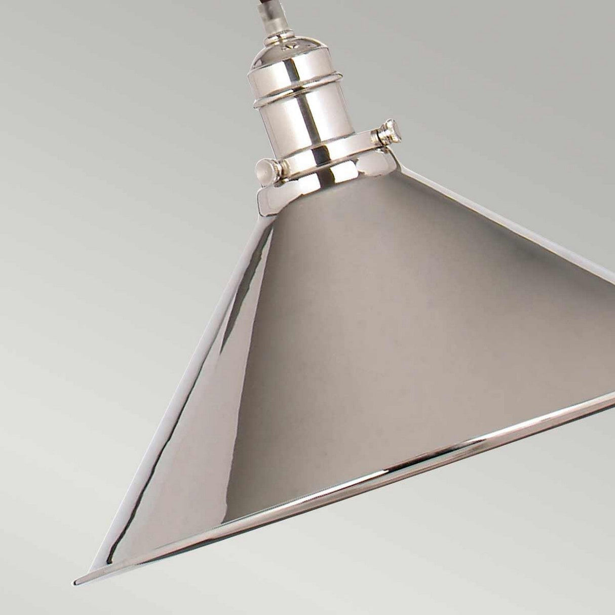 A close-up of the Provence 1 Light Rise & Fall Pendant in polished nickel, featuring an adjustable design with a conical shade, set against a plain grey background.
