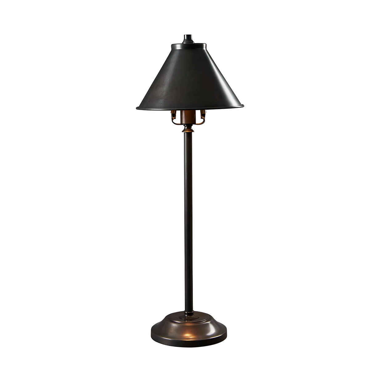 The Provence 1 Light Stick Lamp in Old Bronze features a tall, slender, and straight stand on a round base with a dark, conical shade that provides ambient downlighting. Its minimalist design exudes a contemporary look.
