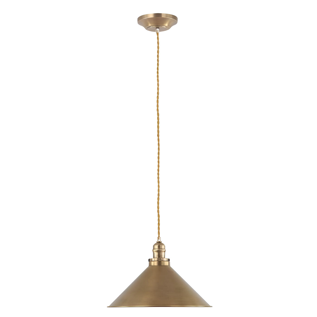 The Provence 1 Light Pendant - Aged Brass features a conical shade and a braided, adjustable cord that hangs from a round ceiling mount. Its minimalist and elegant design seamlessly blends vintage lighting charm with modern interior appeal.