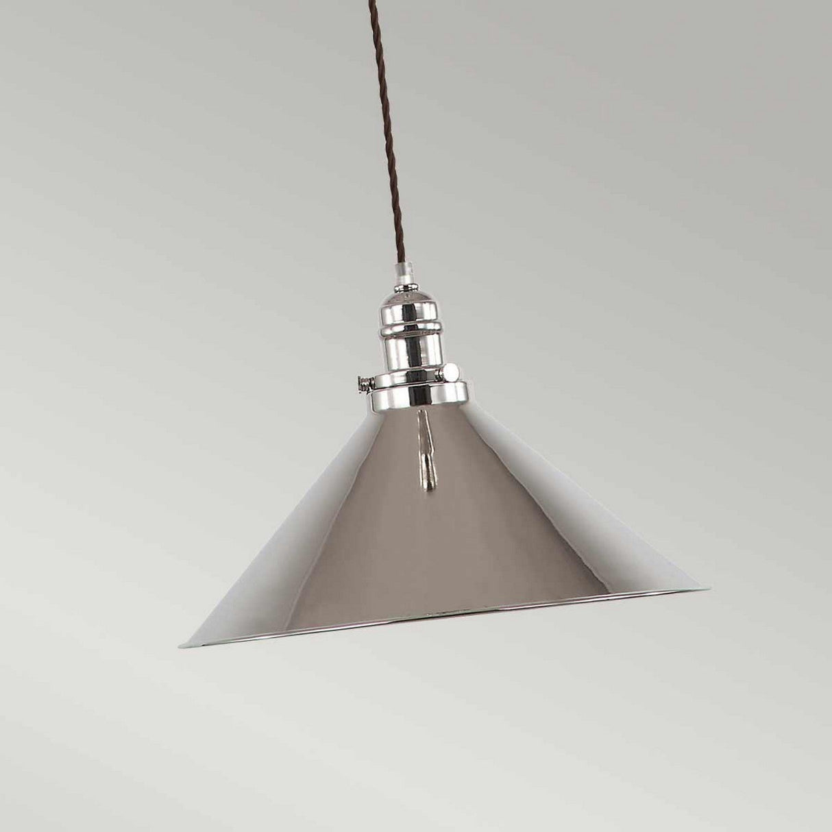The Provence 1 Light Pendant in polished nickel features a metallic conical design, suspended from a twisted cord against a neutral background. Its glossy finish reflects light beautifully, seamlessly combining modern sleekness with vintage-inspired charm for timeless elegance.