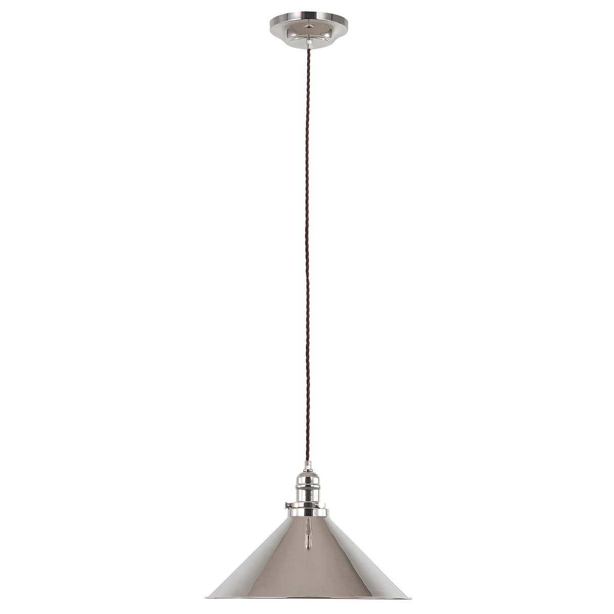 The Provence 1 Light Pendant - Polished Nickel features a sleek, vintage-inspired design with a polished nickel conical shade that hangs from a braided cord, attached to a circular ceiling mount.