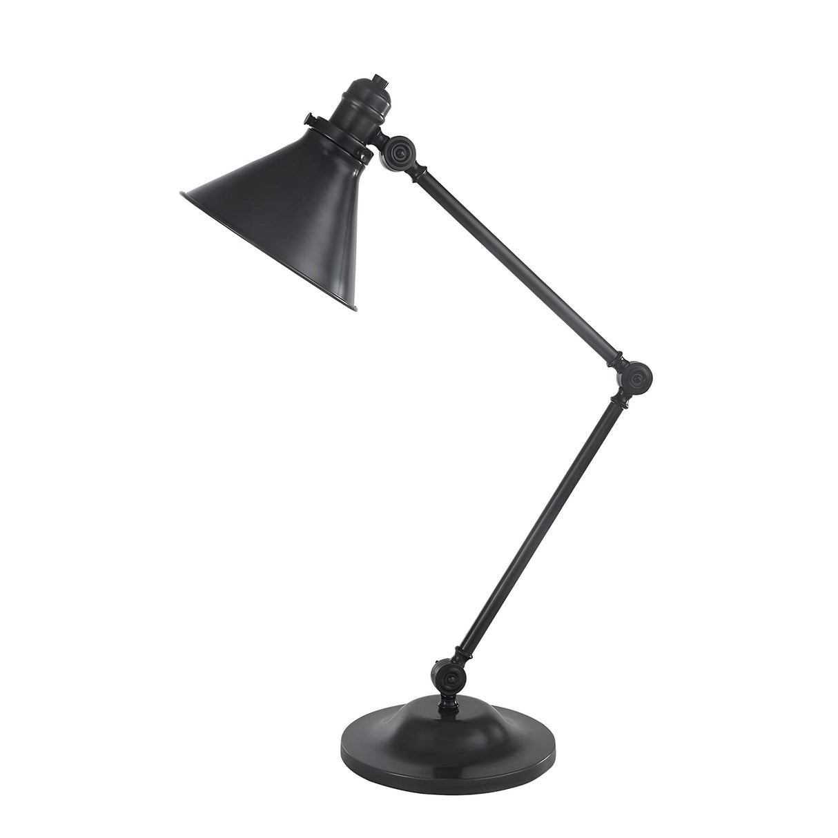 The Provence 1 Light Table Lamp - Old Bronze showcases a sleek black adjustable design with a conical shade and a robust round base. Its jointed arm includes knuckle joints for precise light adjustment.