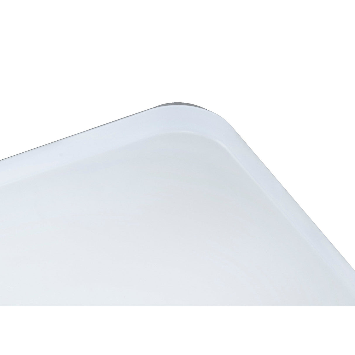 Close-up corner detail of the Mantra Quatro II 60W LED flush ceiling light in matt white with acrylic diffuser and chamfered edge, on a white background.