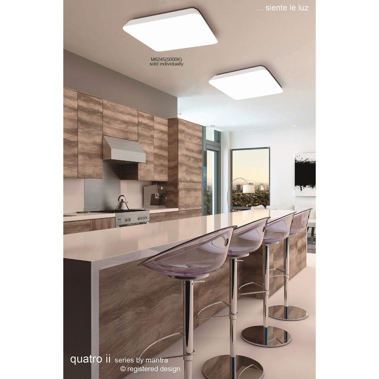 Two Mantra Quatro II square LED flush ceiling lights in matt white acrylic with chamfered corners, installed above a modern wood kitchen island with bar stools.