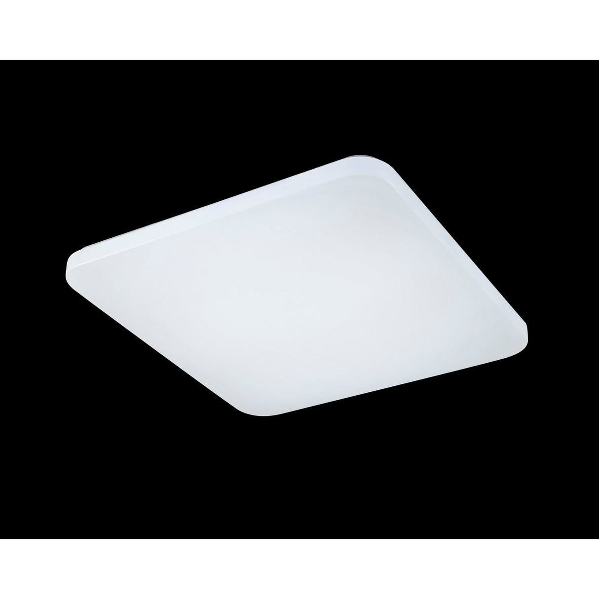 Mantra Quatro II 60W LED flush ceiling light in matt white with square acrylic diffuser and chamfered corners, shown against a black background.