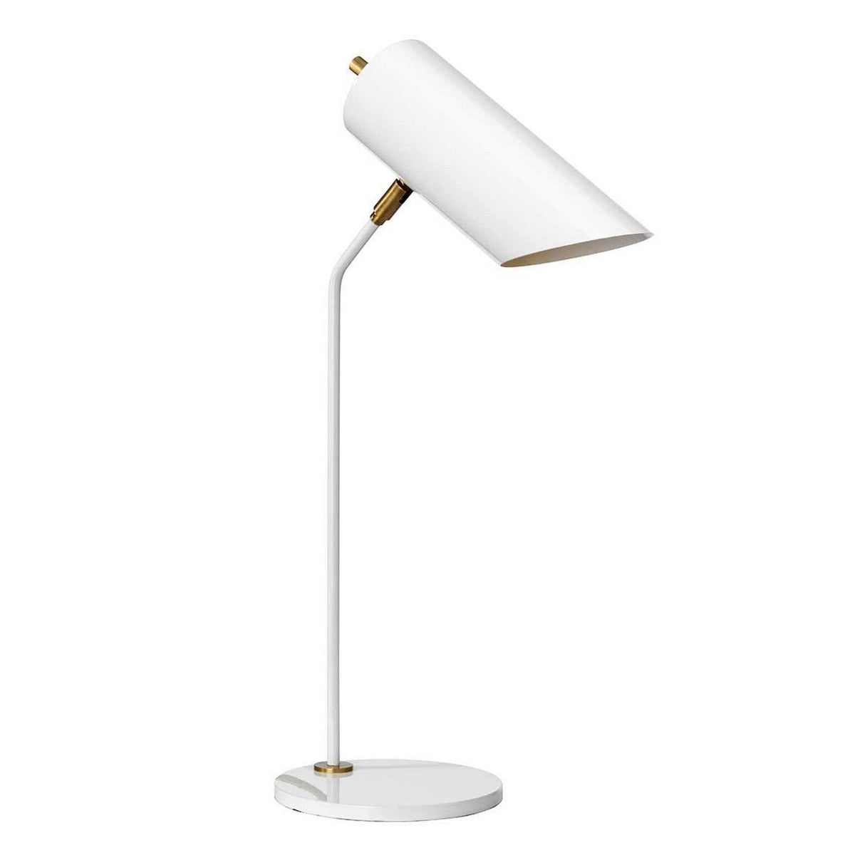The Quinto 1 Light Table Lamp - White/Aged Brass is a modern desk lamp featuring a cylindrical shade and a sleek, angled neck. It showcases aged brass accents and a minimalist design, standing on a round base against a plain white background to exude elegance and sophistication.
