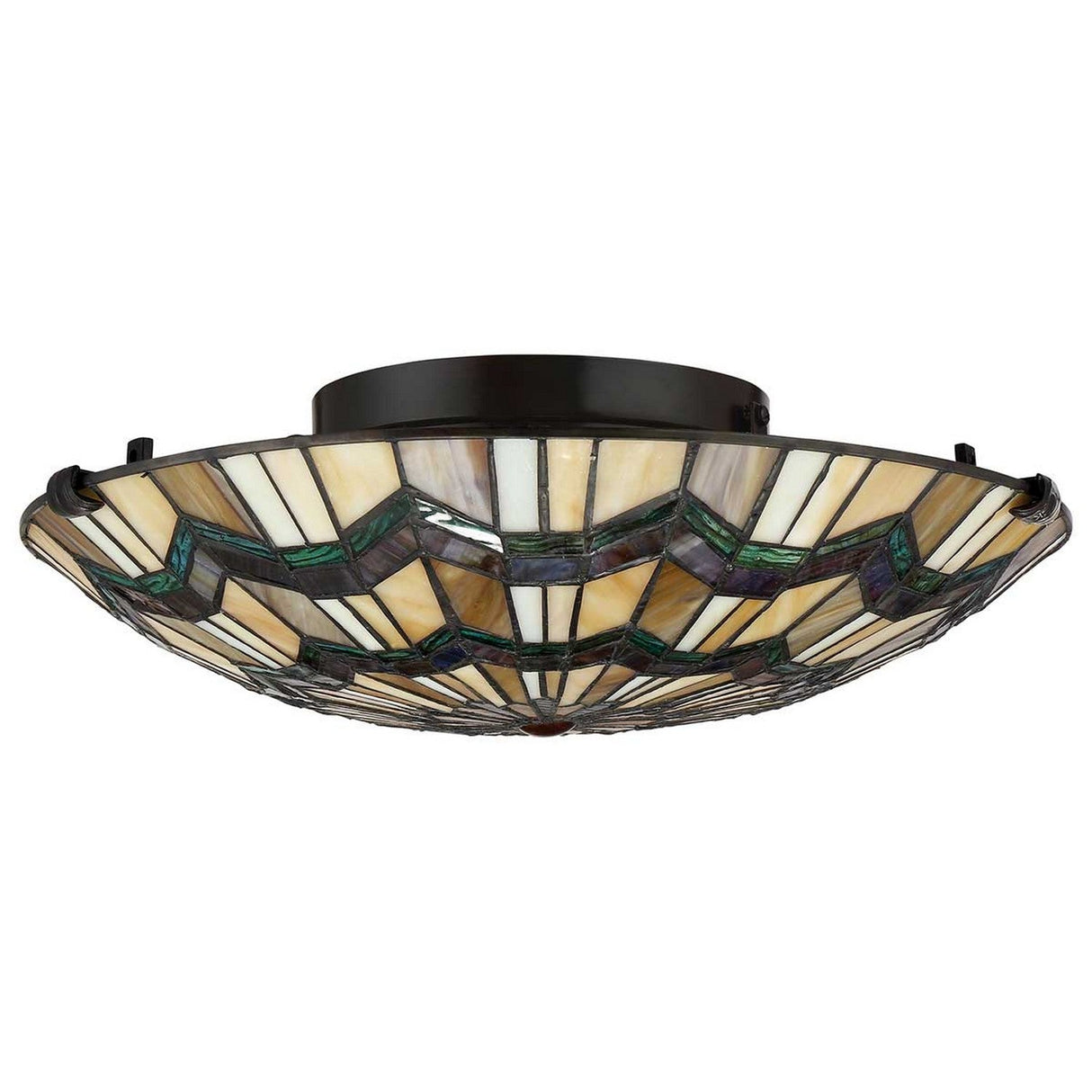 The Alcott 2 Light Tiffany Flush - Valiant Bronze is a stained glass ceiling light fixture that showcases a geometric design in shades of cream, green, and brown. This circular fixture, with its black valiant bronze mounting base, is reminiscent of the Arts and Crafts movement.