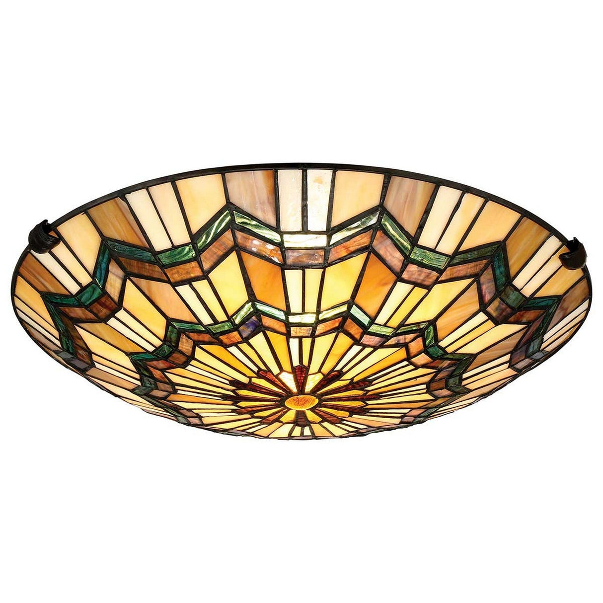 The Alcott 2 Light Tiffany Flush in Valiant Bronze showcases a stunning stained glass ceiling fixture with a geometric design. It highlights warm tones of yellow, orange, and green arranged in a symmetrical pattern featuring radiating lines and a central floral motif that evokes the Arts and Crafts movement.