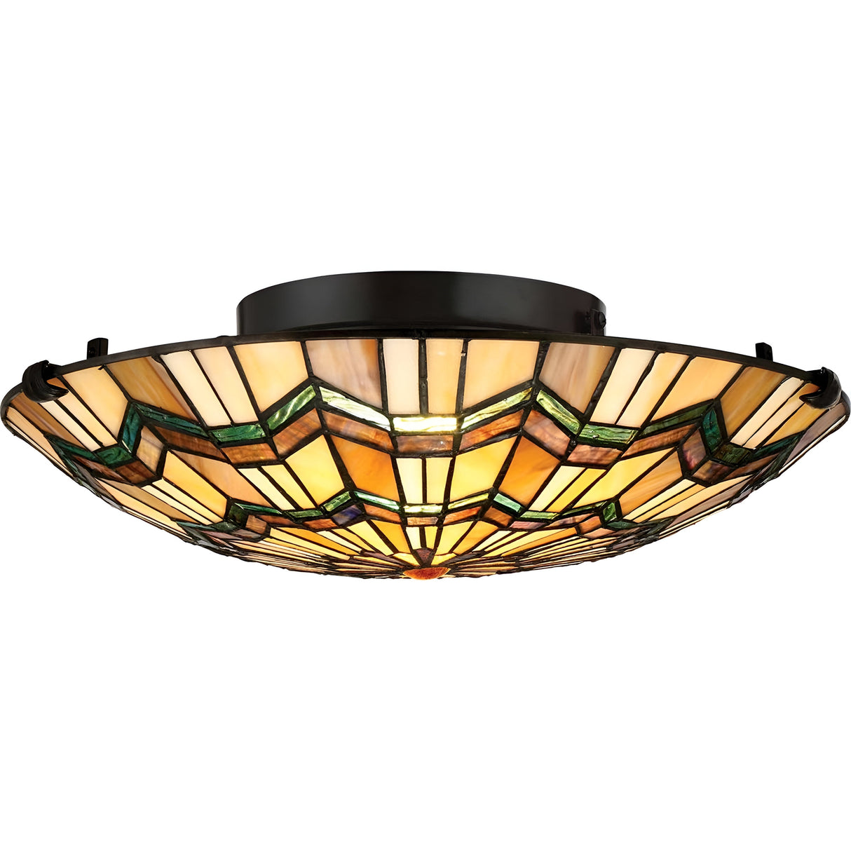 The Alcott 2 Light Tiffany Flush in Valiant Bronze is a decorative stained glass ceiling light, showcasing a geometric pattern in warm amber, green, and cream tones. Its round, semi-flush mount design embodies the elegance of the Arts and Crafts movement, resulting in an artistic lighting fixture.
