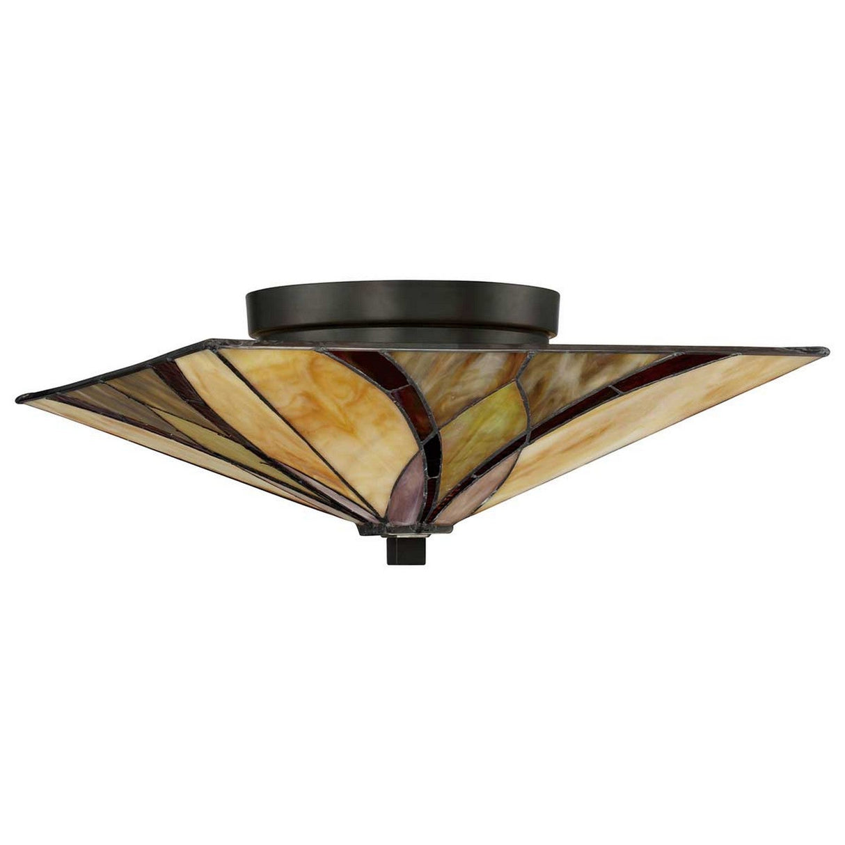 Part of the Asheville Collection, this Tiffany Flush Fixture named "Asheville 2 Light Tiffany Flush - Valiant Bronze" showcases a geometric stained glass design in brown, beige, and amber tones. It features a Valiant Bronze metal base adorned with a decorative pattern that tapers toward the center.