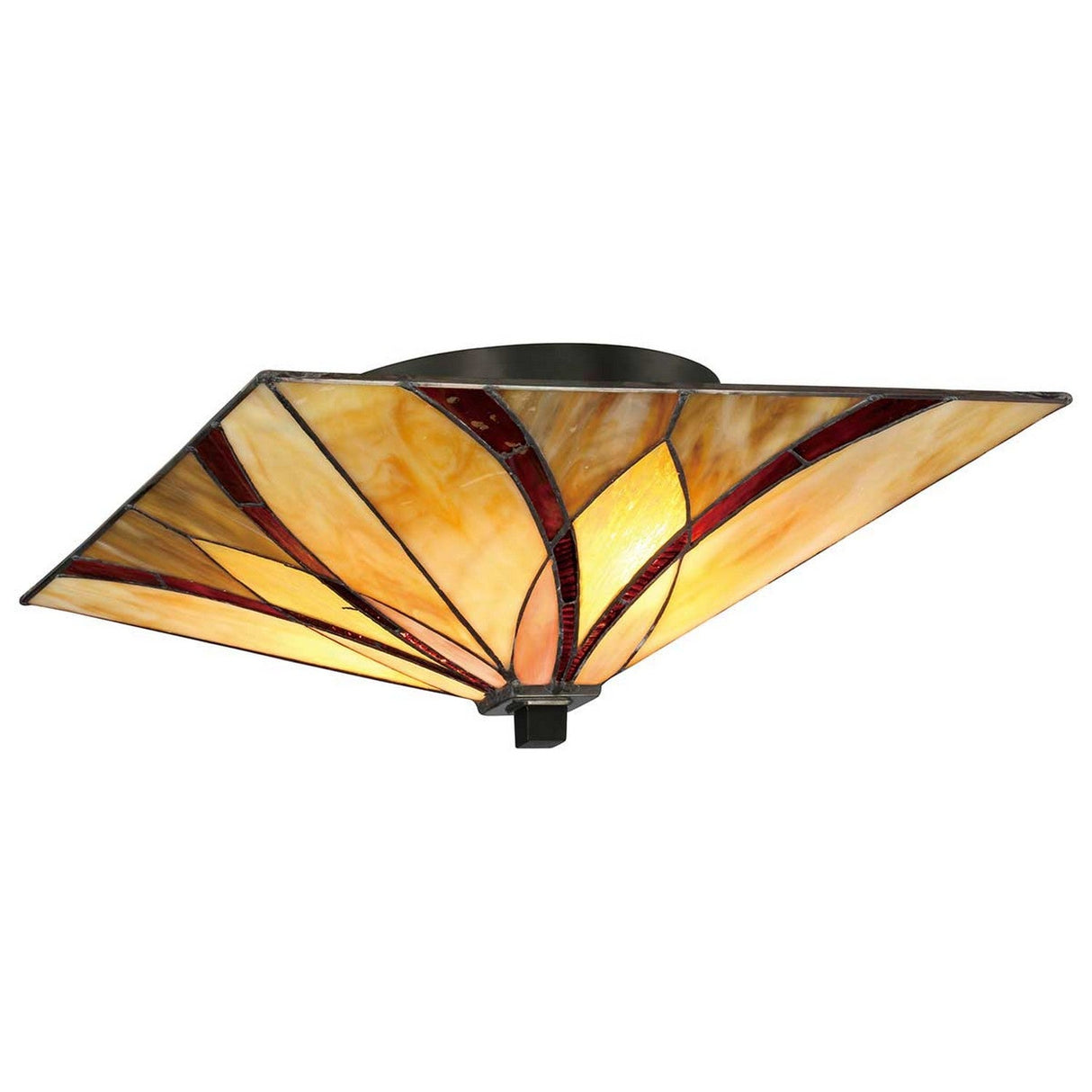 Introducing the Asheville 2 Light Tiffany Flush in Valiant Bronze—a ceiling light featuring a square stained glass design with amber, yellow, and red geometric patterns. Encased in a Valiant Bronze metal frame, it provides a warm and artistic illumination.