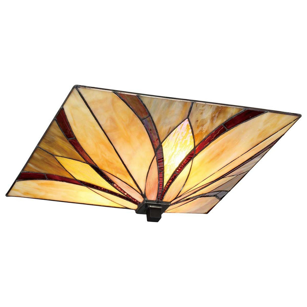 Part of the Asheville Collection, the Asheville 2 Light Tiffany Flush - Valiant Bronze ceiling light showcases a square stained glass design with geometric floral patterns in hues of yellow, orange, and brown. It is accented by deep red lines and enhanced with a Valiant Bronze finish, providing warm and artistic illumination as a Tiffany Flush Fixture.