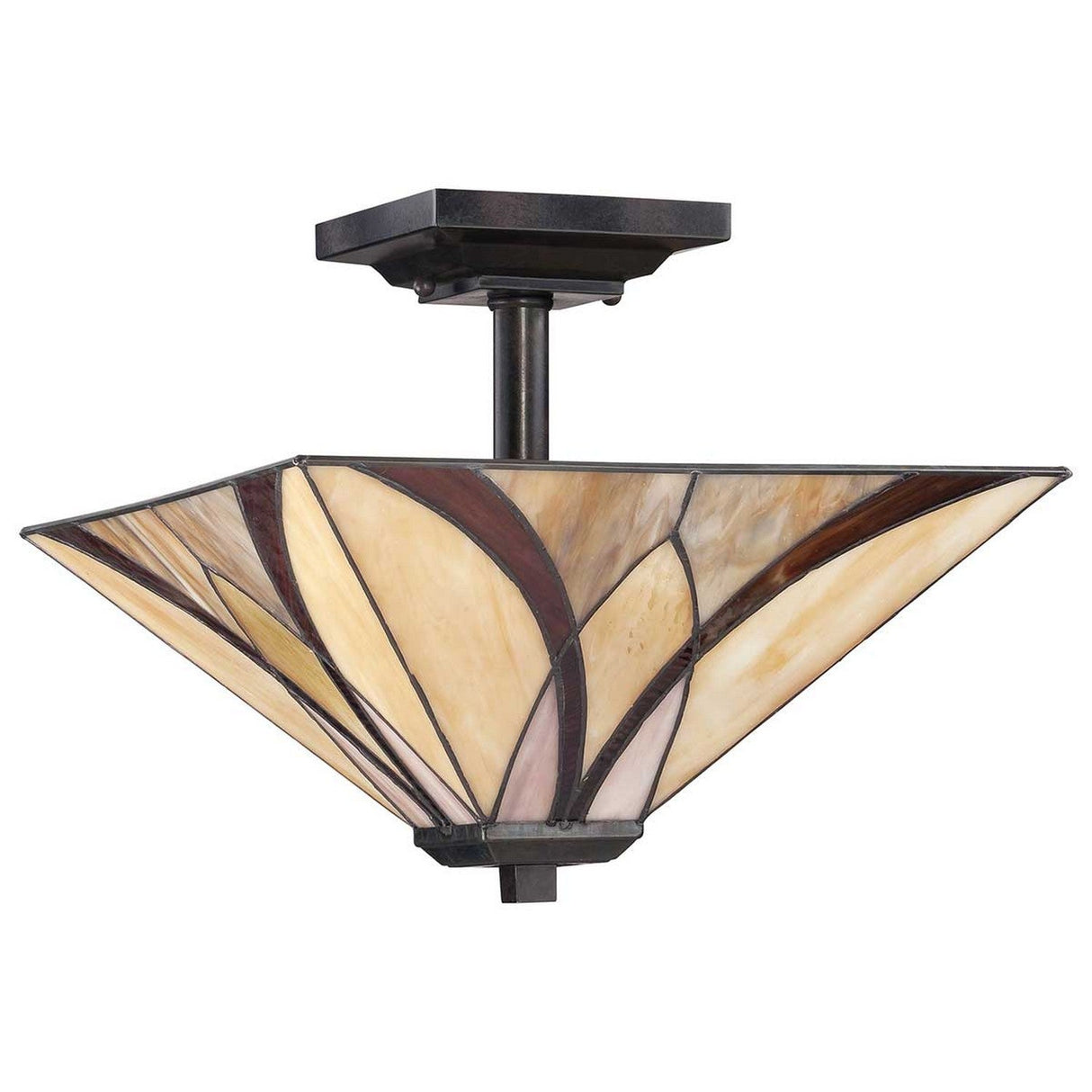The Asheville 2 Light Tiffany Semi-Flush fixture boasts a stained glass shade in geometric patterns of beige, cream, and brown tones. It features a square base and a short rod connecting it to the shade, all finished in an elegant valiant bronze.