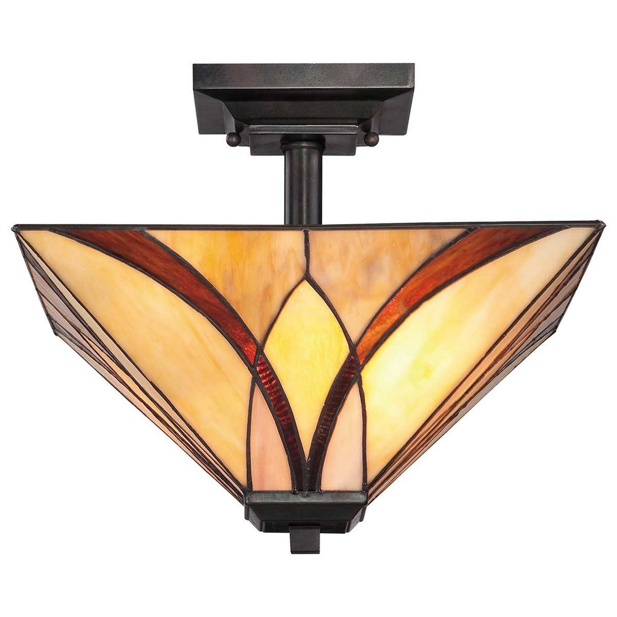 The Asheville 2 Light Tiffany Semi-Flush in Valiant Bronze boasts a square ceiling light showcasing stained glass in amber and red hues. Its design features geometric shapes, while the dark metal mount perfectly complements the art deco style, infusing any room with warmth and elegance.