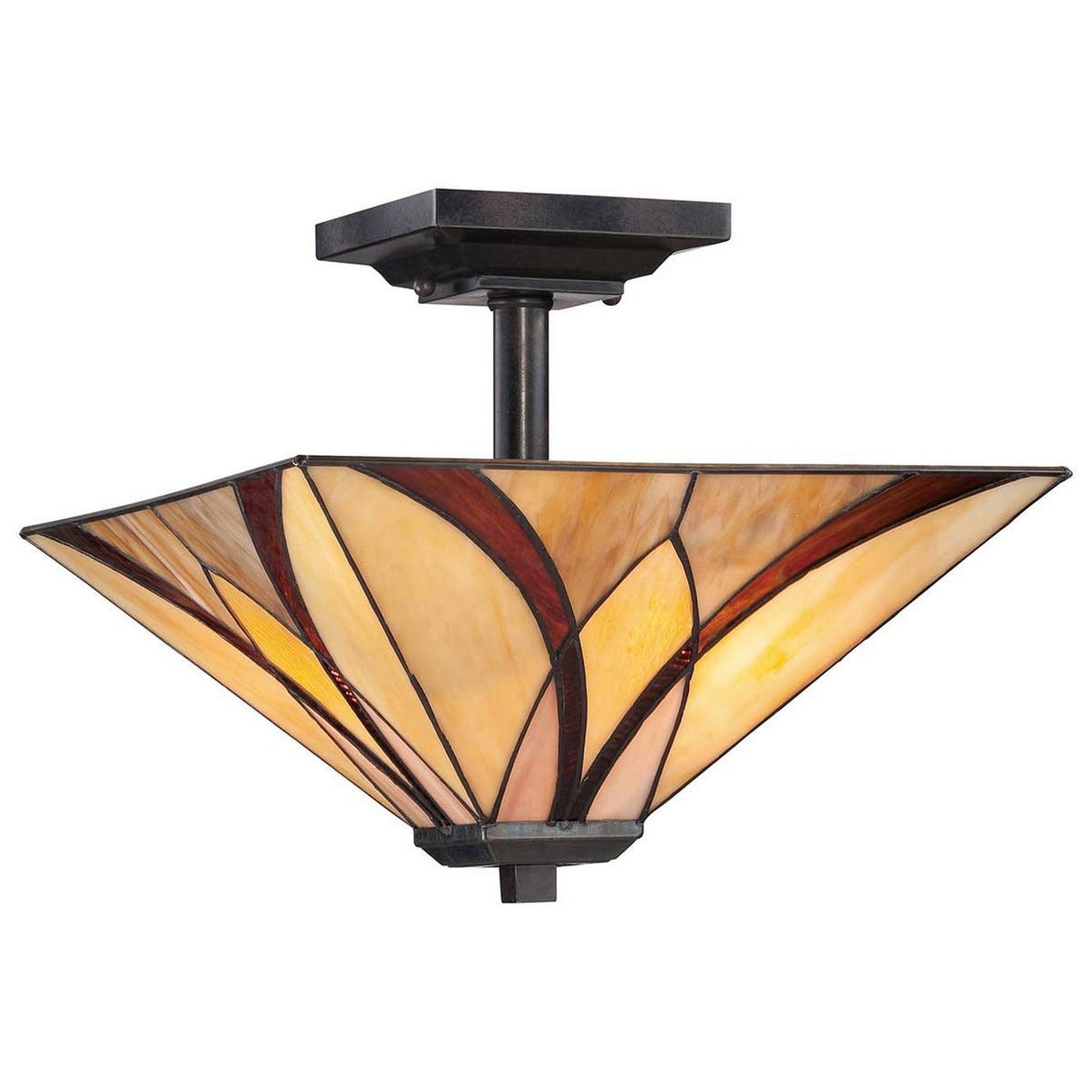 The Asheville 2 Light Tiffany Semi-Flush in Valiant Bronze highlights a geometric stained glass ceiling fixture. Its semi-flush design, coupled with a bold bronze base and a trapezoidal shade featuring amber, brown, and yellow panels, offers a warm and artistic aesthetic.
