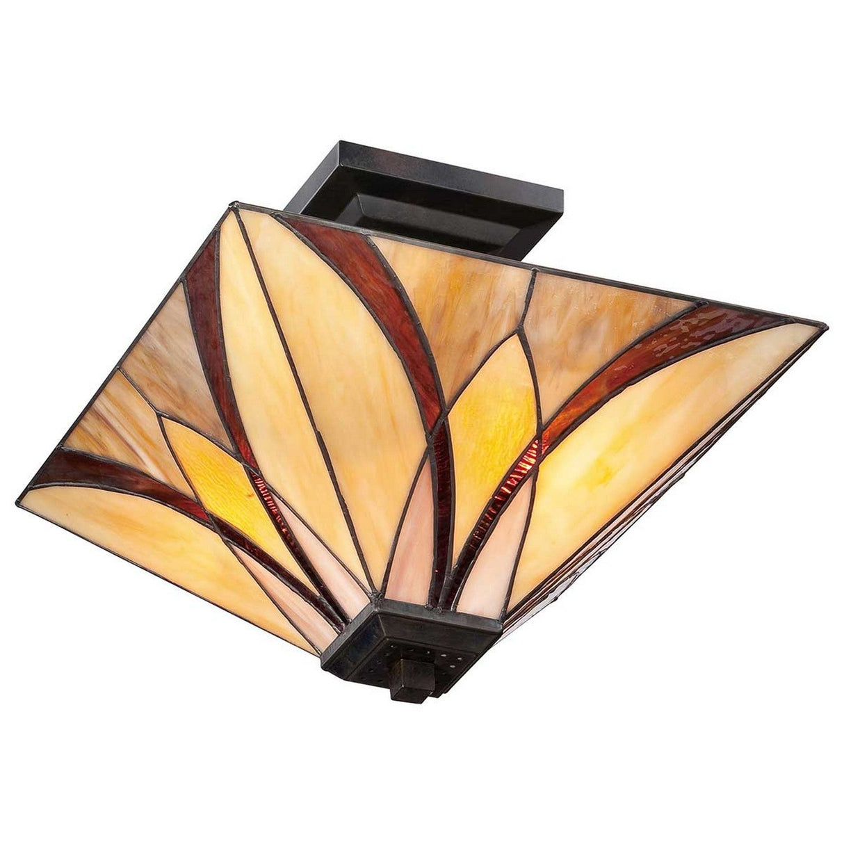 The Asheville 2 Light Tiffany Semi-Flush in Valiant Bronze features a square stained glass design with a stunning geometric pattern that incorporates shades of amber, brown, and yellow. This semi-flush fixture offers an elegant and warm glow, embodying the sophistication of Art Deco style.