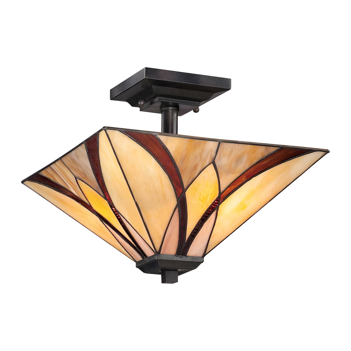 The Asheville 2 Light Tiffany Semi-Flush in Valiant Bronze displays a square design with warm beige and brown stained glass panels. The geometric pattern radiating from the center adds an elegant, vintage charm to the piece. This semi-flush fixture is complemented by a sophisticated black metal mount.