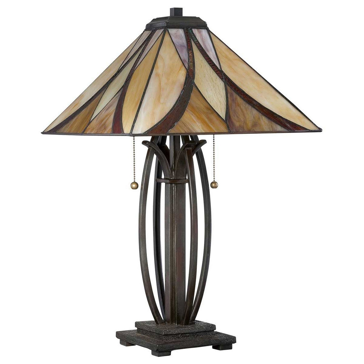 The Asheville 2 Light Tiffany Table Lamp – Valiant Bronze showcases a classic Tiffany-style shade with warm, geometric multicolored tones and is complemented by an intricately designed Valiant Bronze base. It also includes two elegant hanging pull chains.