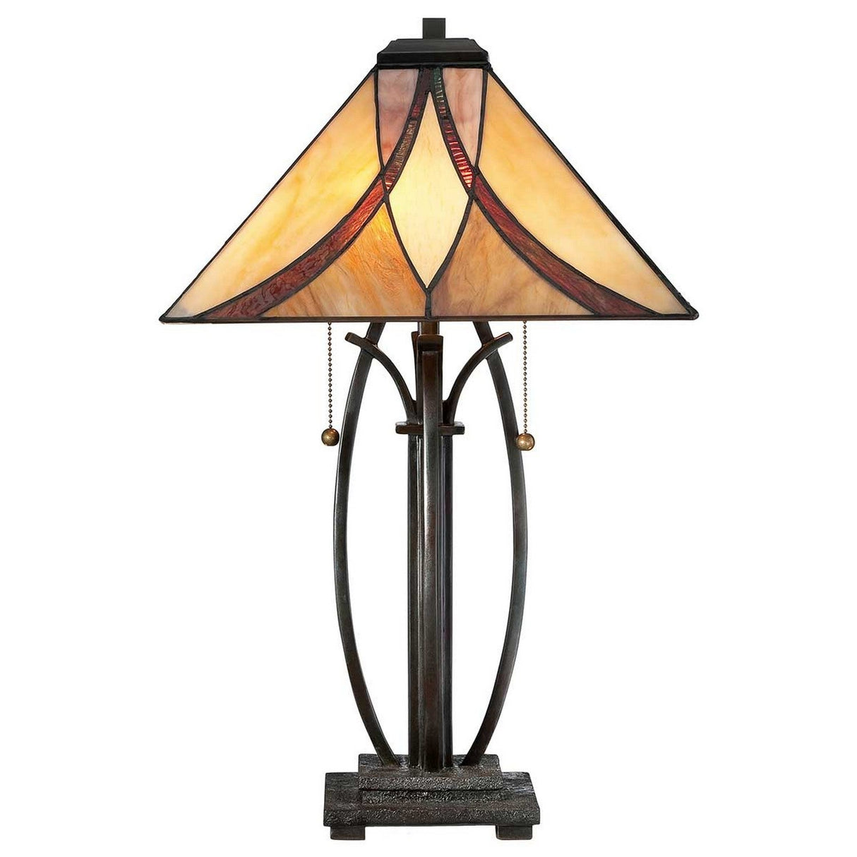 The Asheville 2 Light Tiffany Table Lamp showcases a classic Tiffany-style shade adorned with geometric patterns in amber and red hues. Its base features a Valiant Bronze finish, embellished with elegant curved design elements and equipped with pull chain switches on either side.
