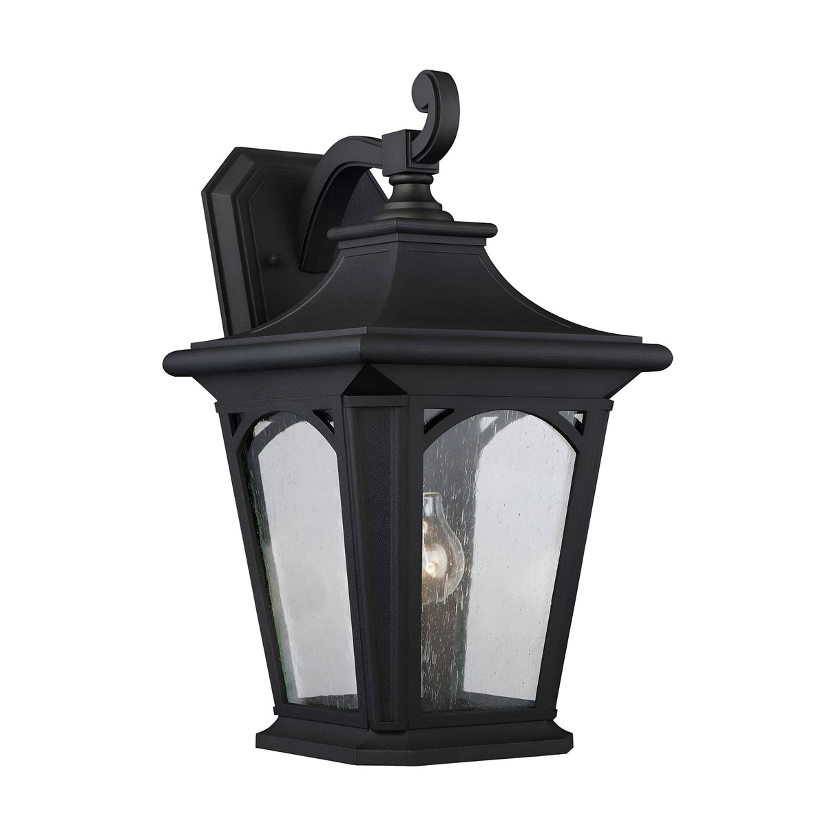 The Bedford Outdoor 1 Light Large Wall Lantern - Black is a weather-resistant outdoor wall light that features a decorative scroll design on top. It includes clear glass panels and is mounted on a square base, showcasing a single bulb inside.