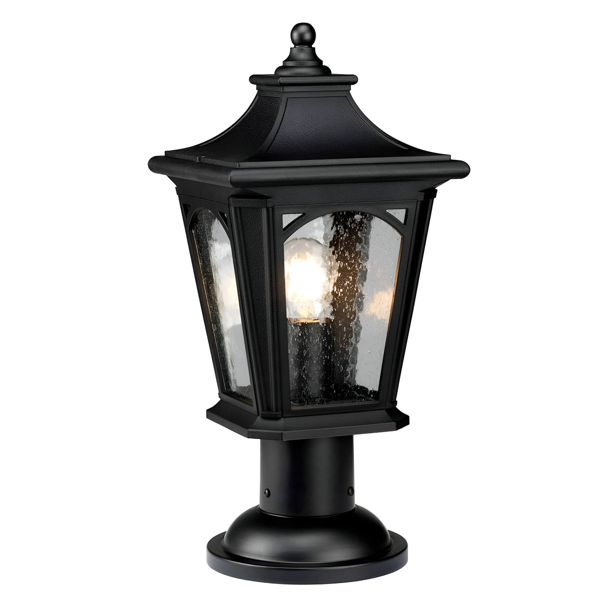 The Bedford 1 Light Medium Pedestal Lantern - Black exudes vintage charm with its classic design. Featuring a transparent glass casing that showcases the bulb inside, it is perfect for outdoor landscape lighting and is elegantly mounted on a round base to enhance any setting.