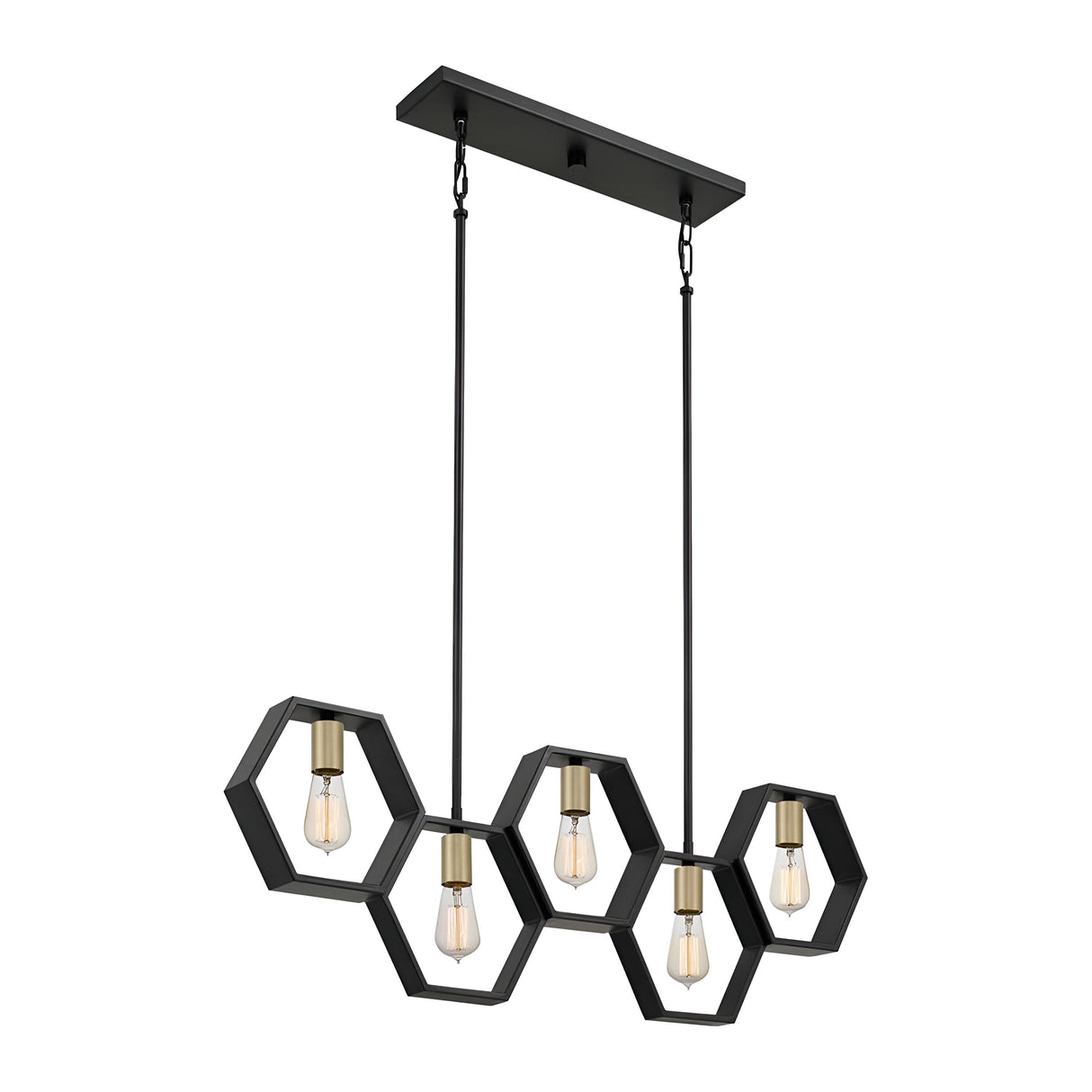 The Bismarck 5 Light Linear Pendant - Black is a contemporary chandelier with five light bulbs housed in sleek black hexagonal frames. Hanging from a rectangular ceiling mount, its geometric design lends modern elegance to kitchen islands and other contemporary spaces.