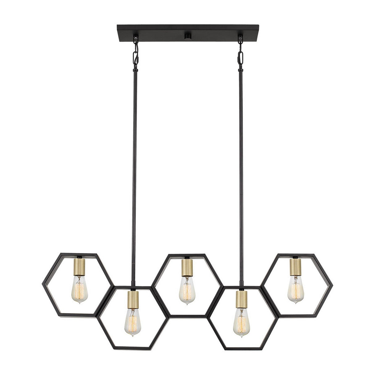 The Bismarck 5 Light Linear Pendant - Black embodies modern sophistication, featuring a sleek black rectangular ceiling mount accompanied by three hexagonal frames. Ideal for kitchen islands, each frame showcases an exposed bulb that accentuates its minimalist and industrial design.