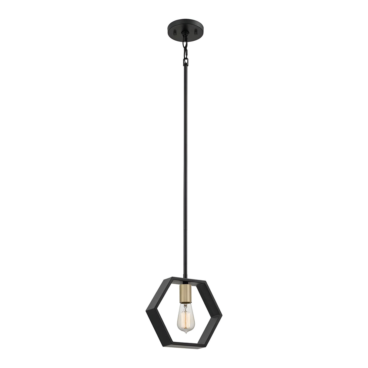 The Bismarck 1 Light Mini Pendant - Black showcases a minimalist design with an ambient lighting feature, sporting a black hexagonal frame and a single exposed bulb suspended from an elongated rod connected to a circular ceiling mount. Its geometric flair enhances its contemporary appeal.
