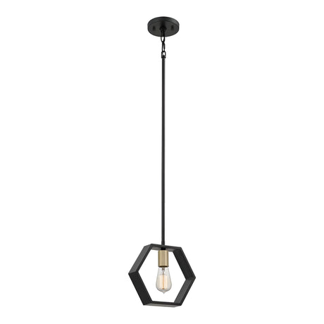 The Bismarck 1 Light Mini Pendant - Black showcases a minimalist design with an ambient lighting feature, sporting a black hexagonal frame and a single exposed bulb suspended from an elongated rod connected to a circular ceiling mount. Its geometric flair enhances its contemporary appeal.