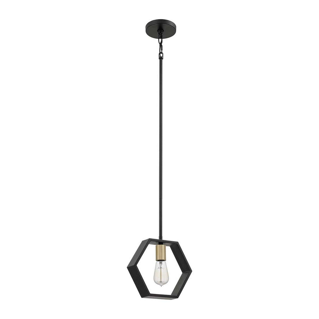 Introducing the Bismarck 1 Light Mini Pendant - Black, featuring a sleek hexagonal black metal frame and a single exposed bulb with an elegant brass fitting. Suspended from a slender rod, this fixture offers ambient lighting with a minimalist and geometric design.