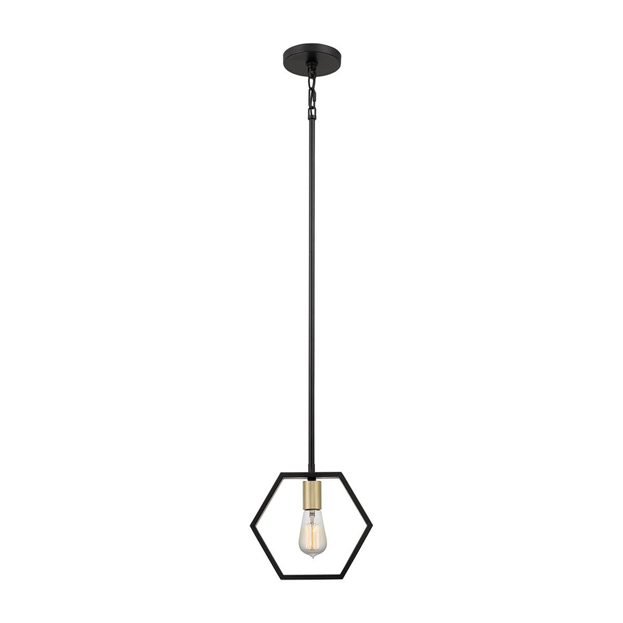 The Bismarck 1 Light Mini Pendant - Black presents a contemporary design with its black hexagonal frame suspended by a rod, showcasing an exposed bulb at the center. This piece beautifully merges industrial and minimalist elements to provide ambient lighting with a geometric touch.