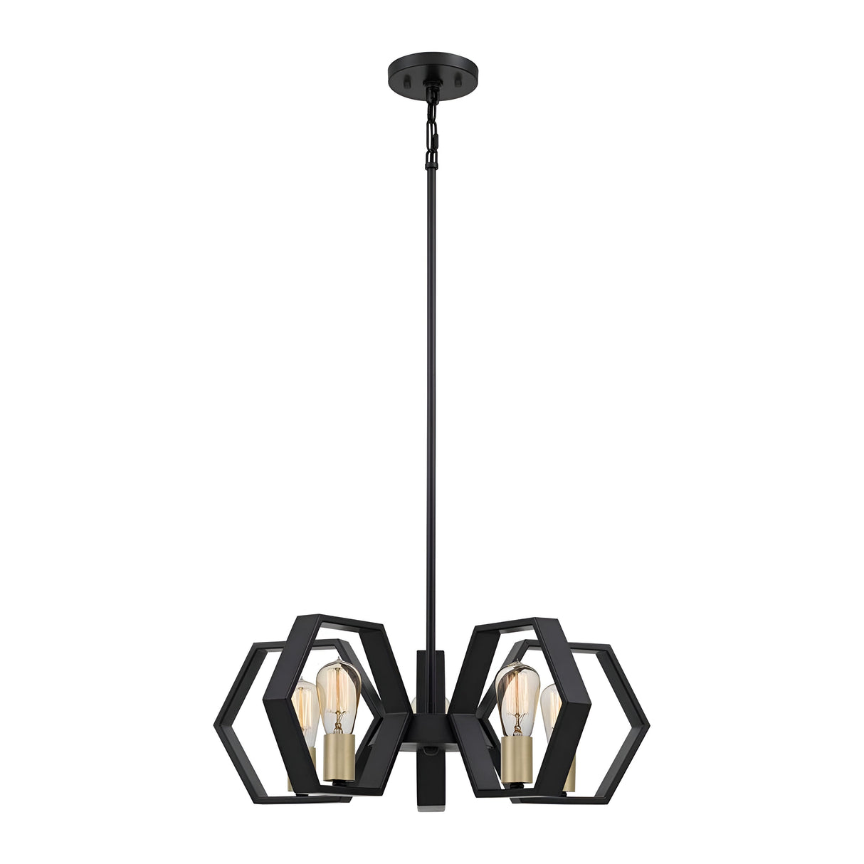 Introducing the Bismarck 5 Light Chandelier - Black, a breathtaking masterpiece with modern geometric design. Its hexagonal frames and visible filament bulbs hang gracefully from a ceiling mount, offering a sleek look ideal for contemporary interiors.