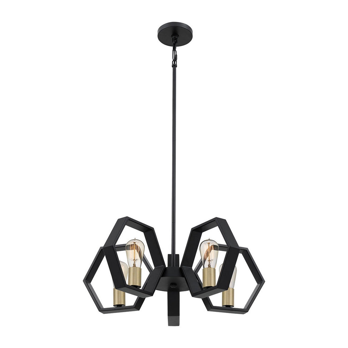 Introducing the Bismarck 5 Light Chandelier: a modern geometric masterpiece, featuring three hexagonal frames in a sleek black finish with elegant gold-toned bulb holders.
