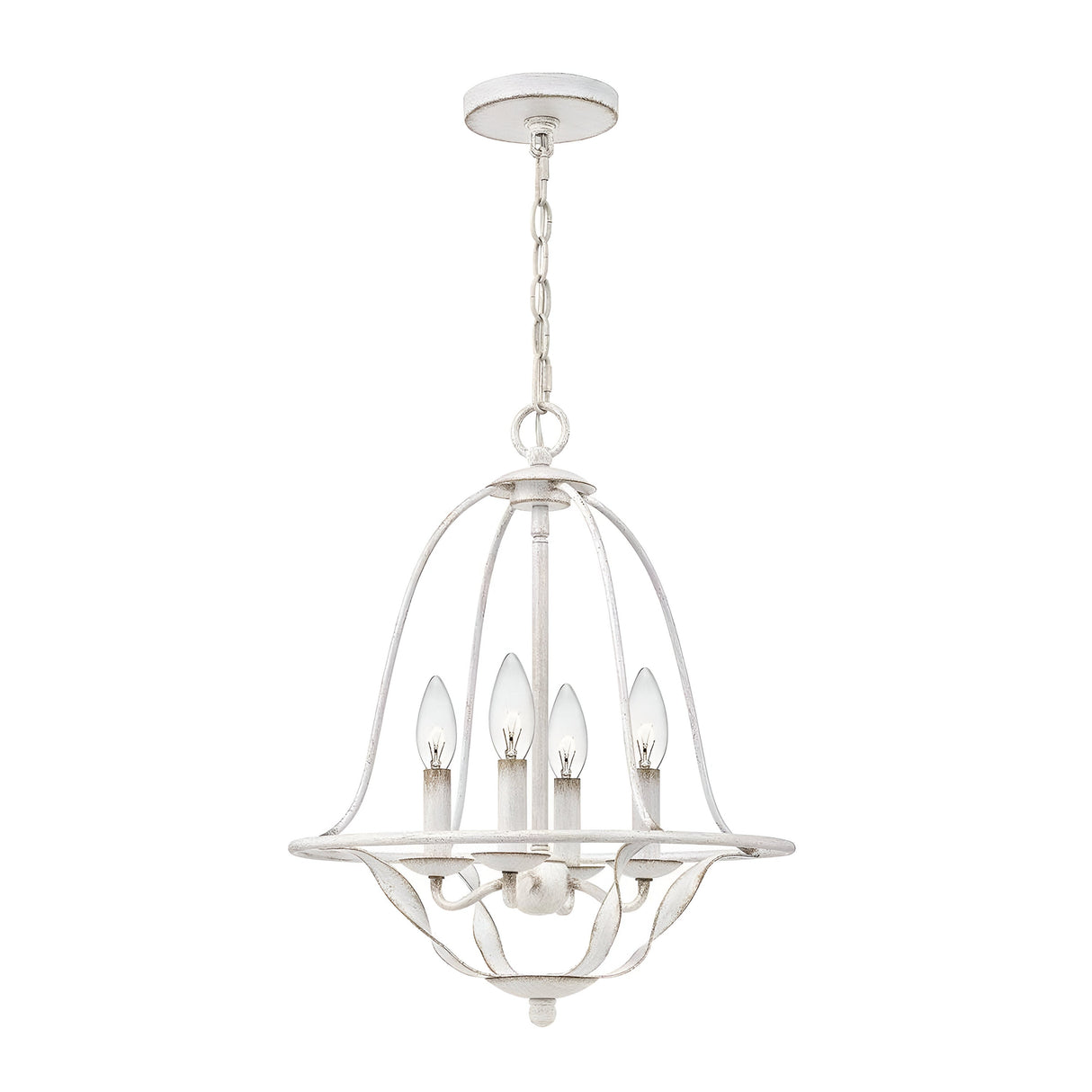 The Bradbury 4 Light Chandelier - Antique White is a vintage-style fixture exuding timeless charm, with four candle-shaped light bulbs and an elegantly curved metal frame. Hanging from a chain, it showcases gracefully curved arms for a classic and elegant look.